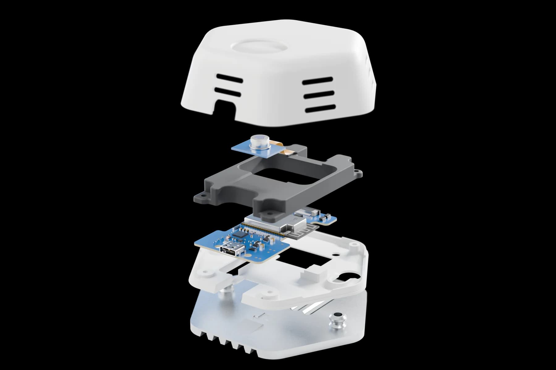 Exploded view of iThermal: cover, thermal sensor, sensor bracket, main board, base and ceiling bracket