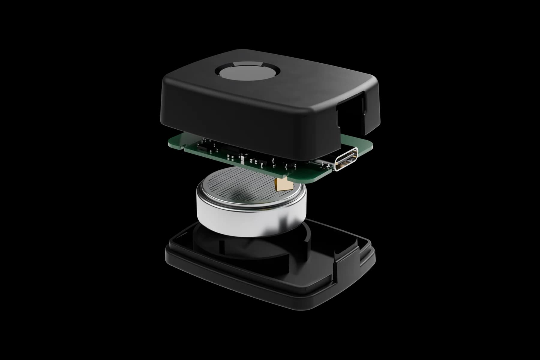 Exploded view of iRay: top shell, circuit board, CR2477 coin cell and bottom shell